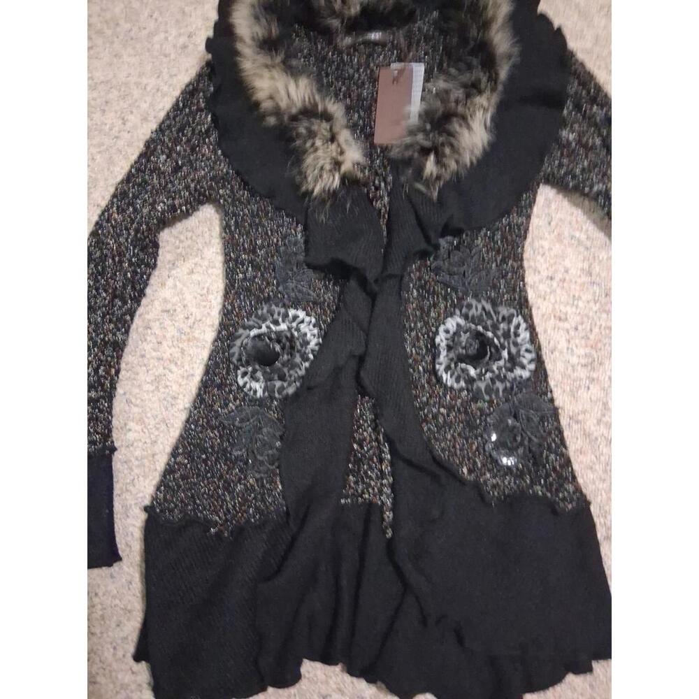 Forla Paris Cardigan Fur  Whimsical Leopard Print Seqin Floral M - Picture 10 of 14